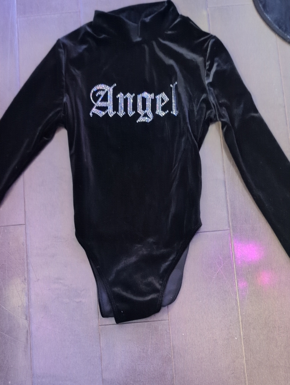 PLAYBOY Black Velvet 'Angel' Rhinestone Long-Sleeve Bodysuit